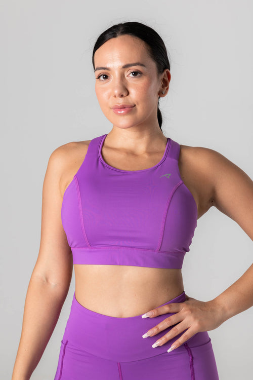 Buy Medium Impact Padded Geometric Print Racerback Active Sports Bra in  Purple with Removable Cups Online India, Best Prices, COD - Clovia -  BRS046A12